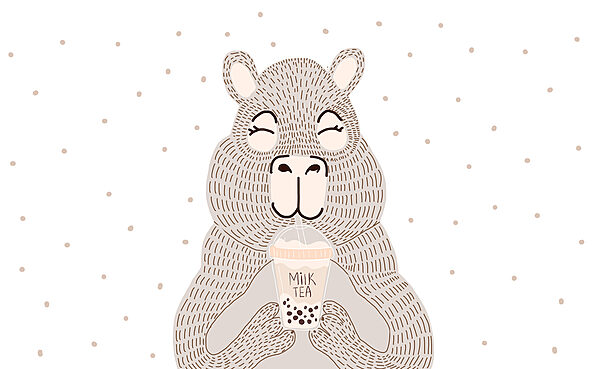 Desenho animado de um urso a segurar um chá de bolhas Desenho animado de um urso a segurar um chá de bolhas