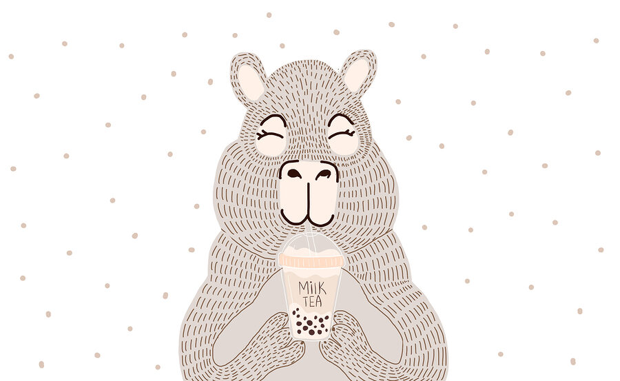 Desenho animado de um urso a segurar um chá de bolhas Desenho animado de um urso a segurar um chá de bolhas