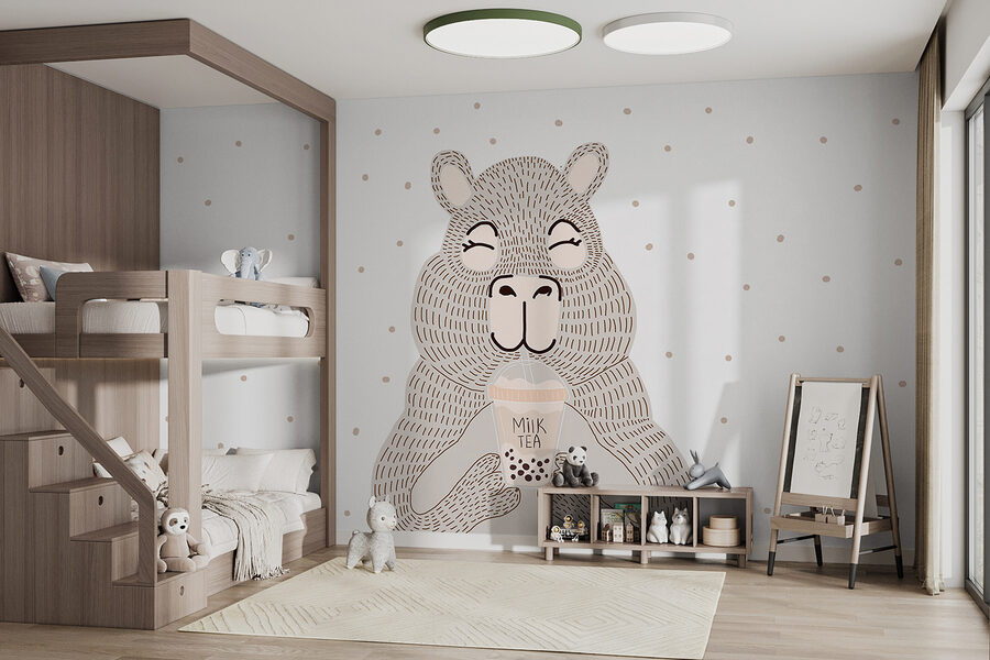 Desenho animado de um urso a segurar um chá de bolhas Desenho animado de um urso a segurar um chá de bolhas