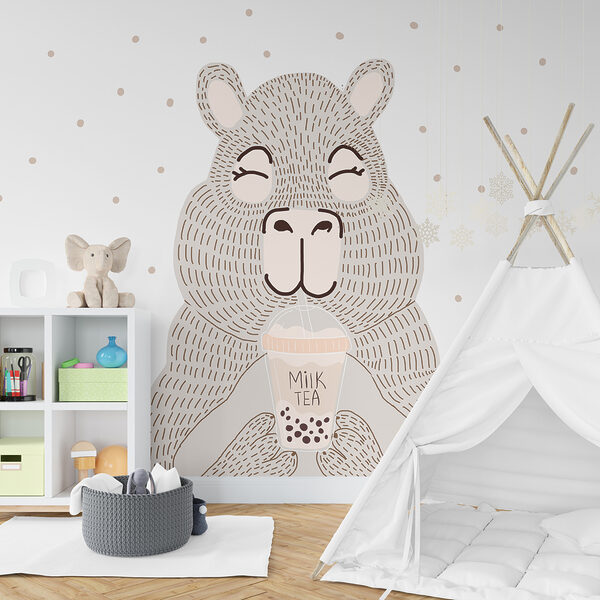 Desenho animado de um urso a segurar um chá de bolhas Desenho animado de um urso a segurar um chá de bolhas