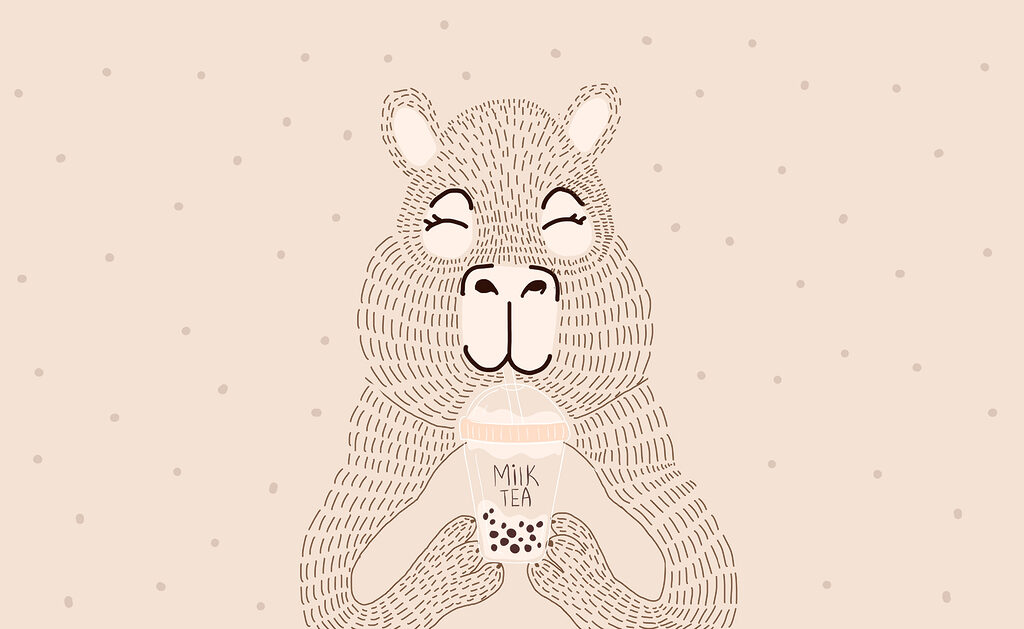 Desenho animado de um urso a segurar um chá de bolhas Desenho animado de um urso a segurar um chá de bolhas