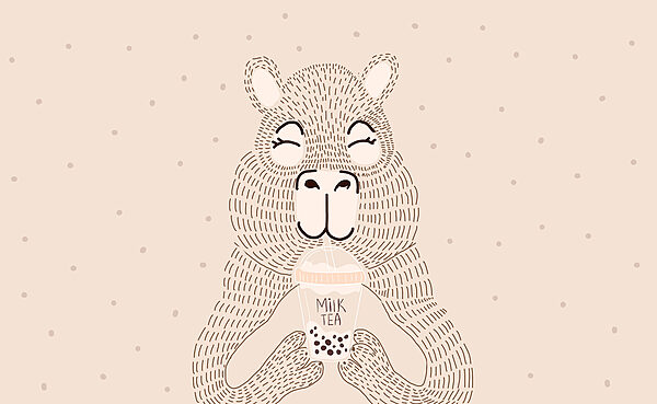 Desenho animado de um urso a segurar um chá de bolhas Desenho animado de um urso a segurar um chá de bolhas