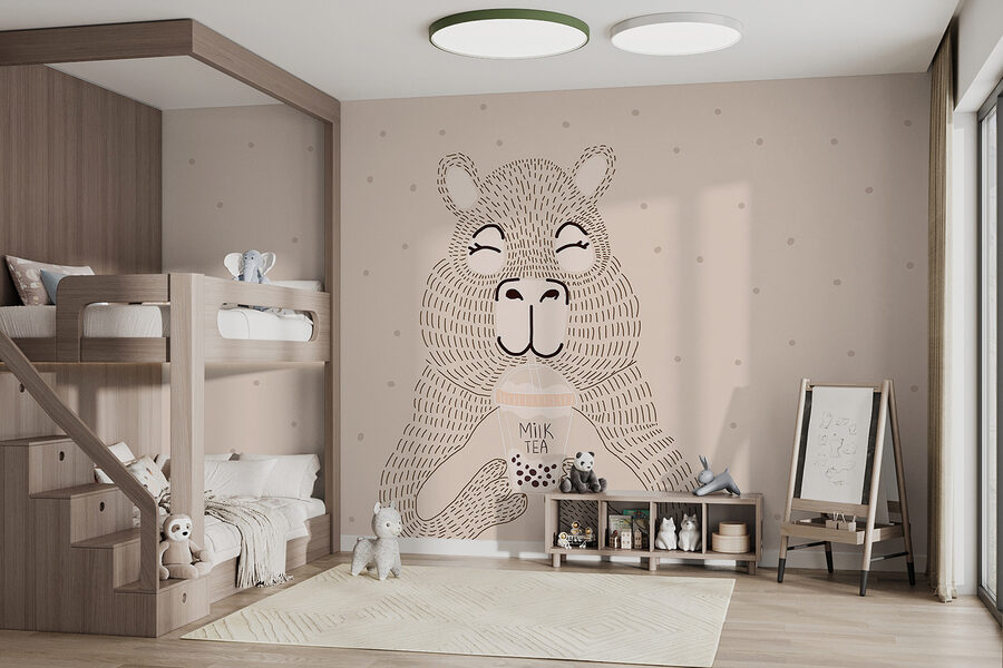 Desenho animado de um urso a segurar um chá de bolhas