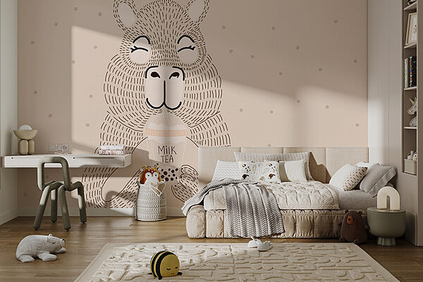 Desenho animado de um urso a segurar um chá de bolhas Desenho animado de um urso a segurar um chá de bolhas