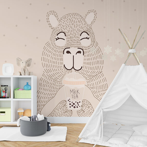 Desenho animado de um urso a segurar um chá de bolhas Desenho animado de um urso a segurar um chá de bolhas