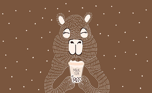 Animal de desenho animado a segurar uma chávena de chá com leite Animal de desenho animado a segurar uma chávena de chá com leite