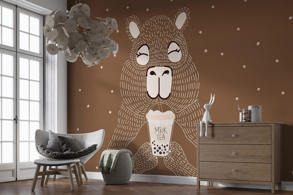 Cartoon animal holding a cup of milk tea Cartoon animal holding a cup of milk tea