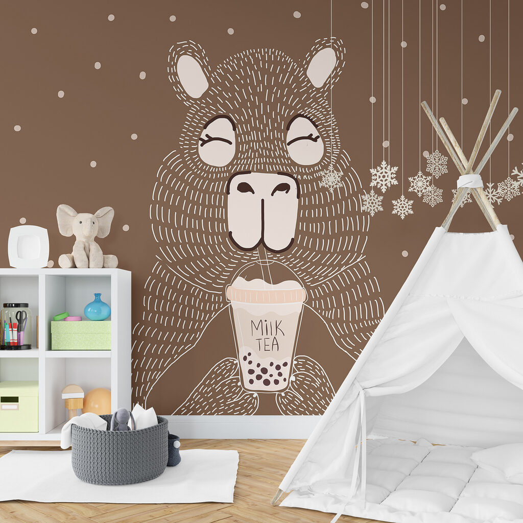 Cartoon animal holding a cup of milk tea Cartoon animal holding a cup of milk tea