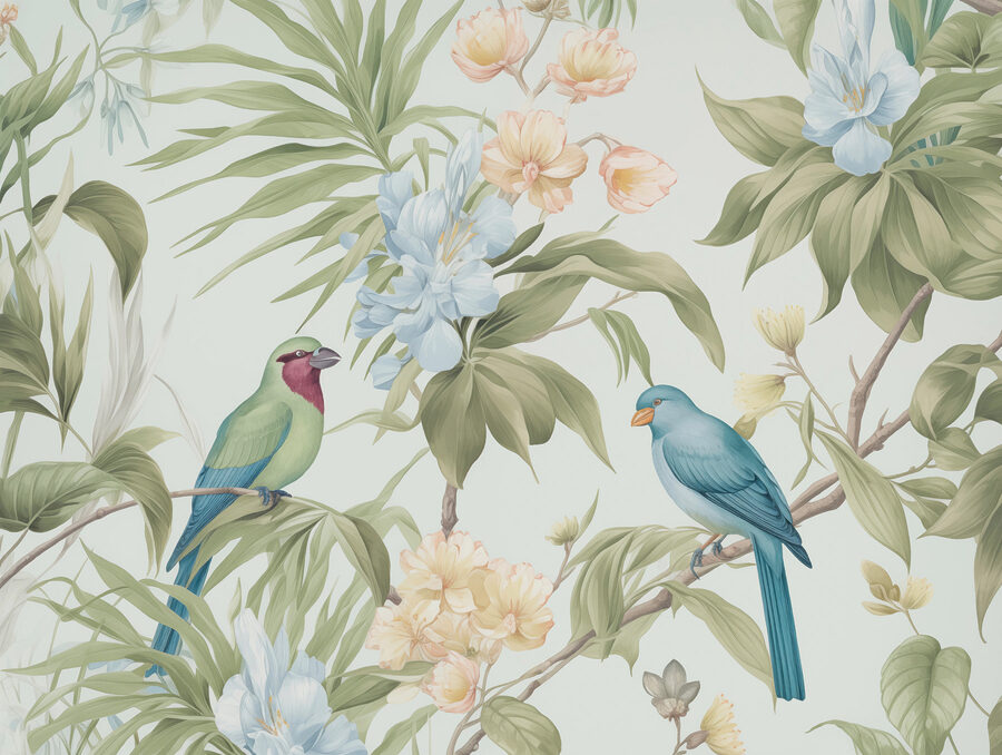 Papel de parede com pássaros e flores