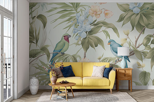 Papel de parede com pássaros e flores Papel de parede com pássaros e flores