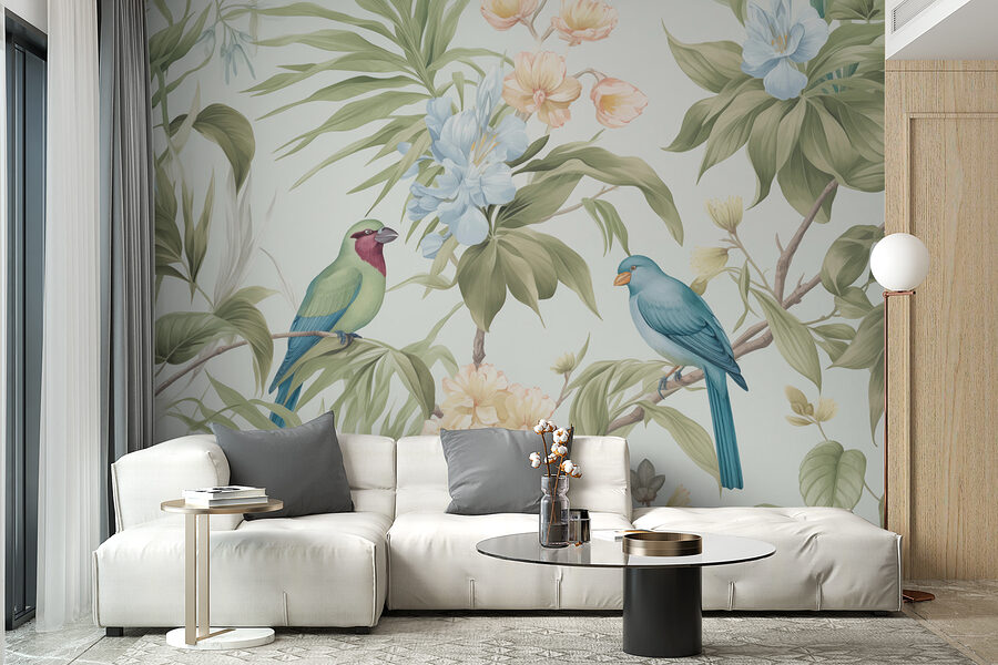 Papel de parede com pássaros e flores