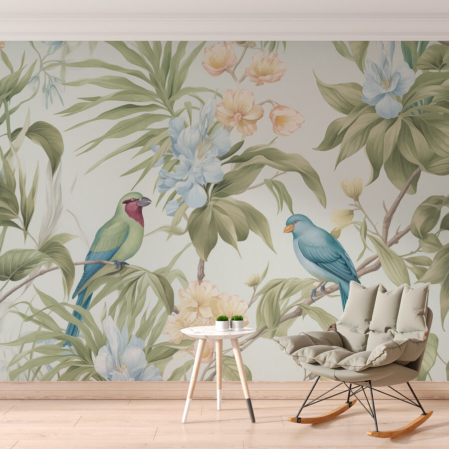 Papel de parede com pássaros e flores