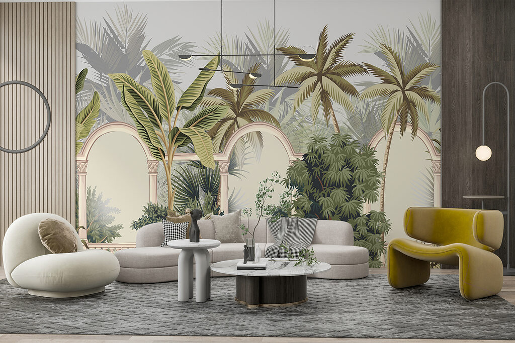 Wallpaper with palm trees and arches