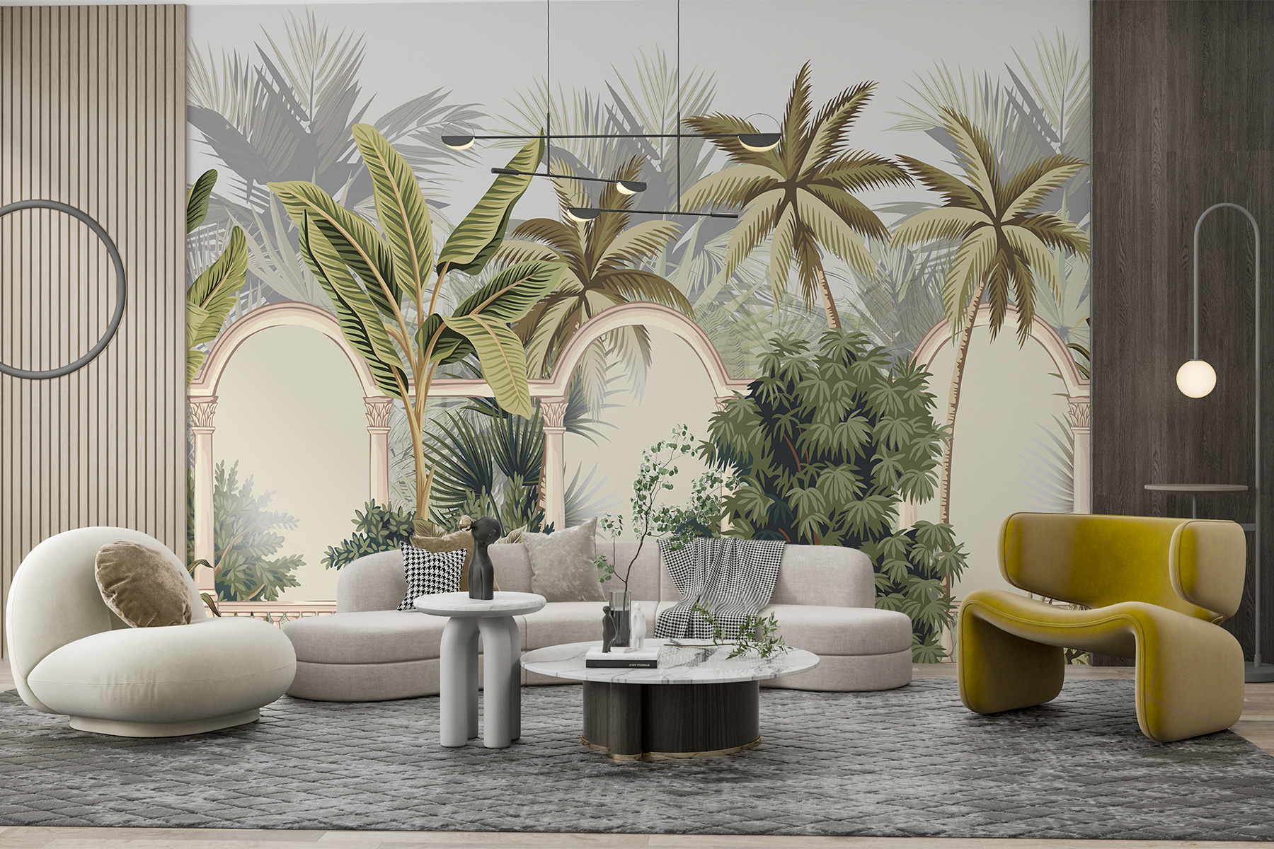 Wallpaper with palm trees and arches