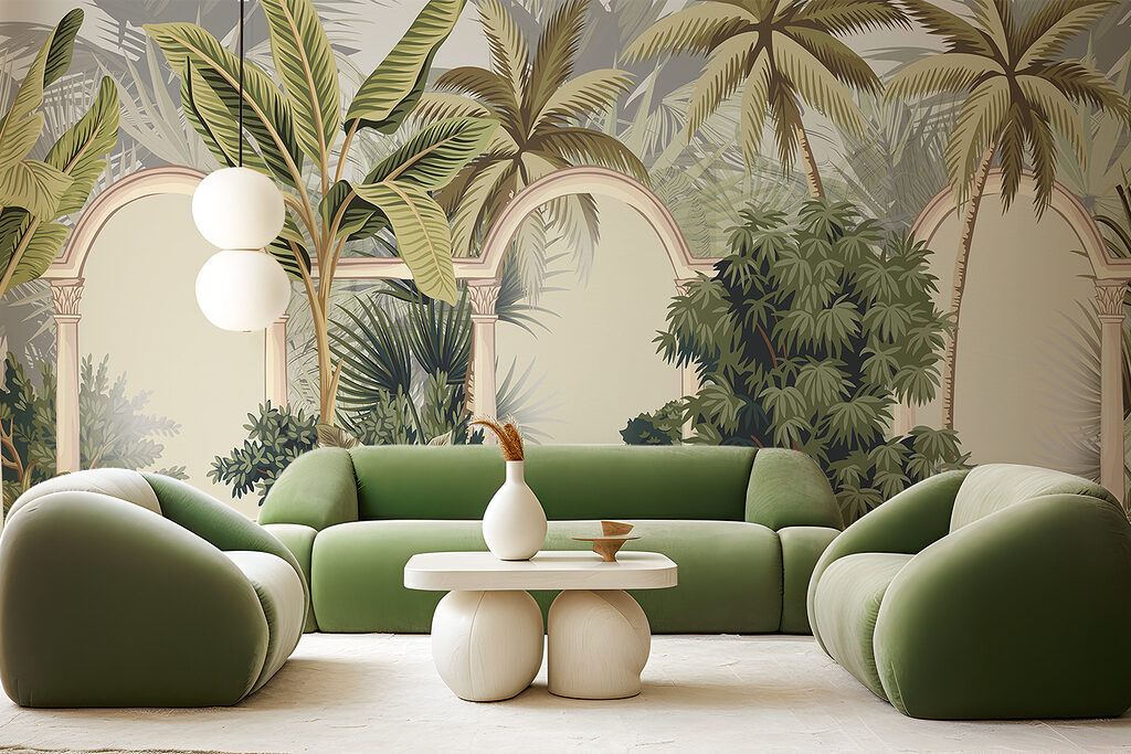 Wallpaper with palm trees and arches