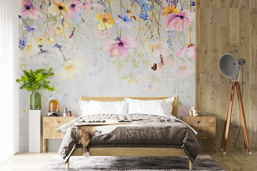 Pintura de flores e borboletas