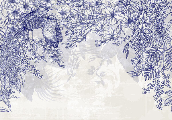 Desenho a azul e branco de pássaros e flores Desenho a azul e branco de pássaros e flores