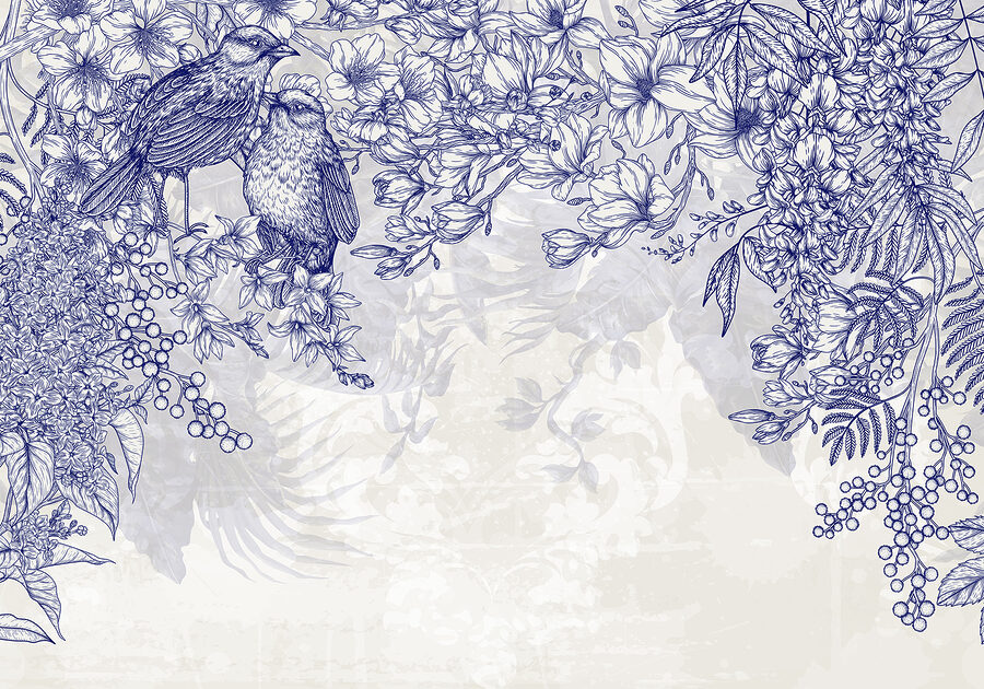 Papel de parede Desenho a azul e branco de pássaros e flores - Image 7