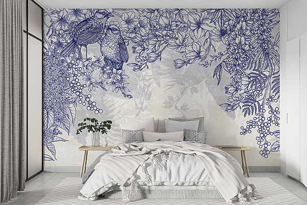 Desenho a azul e branco de pássaros e flores Desenho a azul e branco de pássaros e flores
