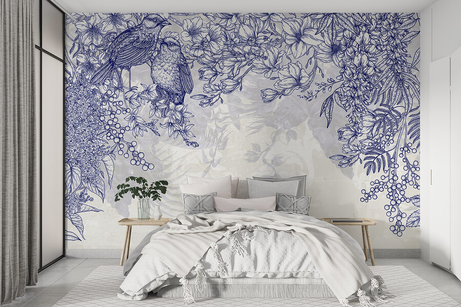 Papel de parede Desenho a azul e branco de pássaros e flores