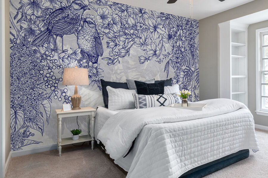 Papel de parede Desenho a azul e branco de pássaros e flores - Image 2