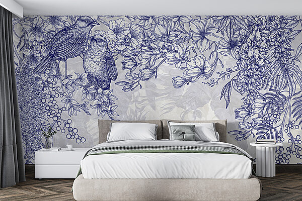 Desenho a azul e branco de pássaros e flores Desenho a azul e branco de pássaros e flores