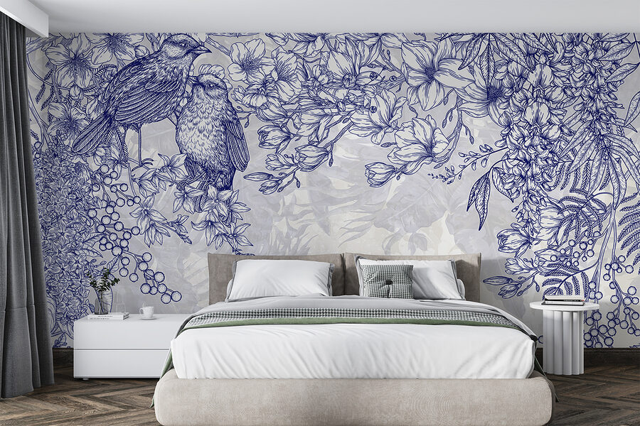 Papel de parede Desenho a azul e branco de pássaros e flores - Image 3