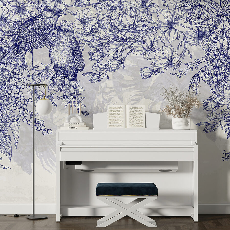 Papel de parede Desenho a azul e branco de pássaros e flores - Image 4