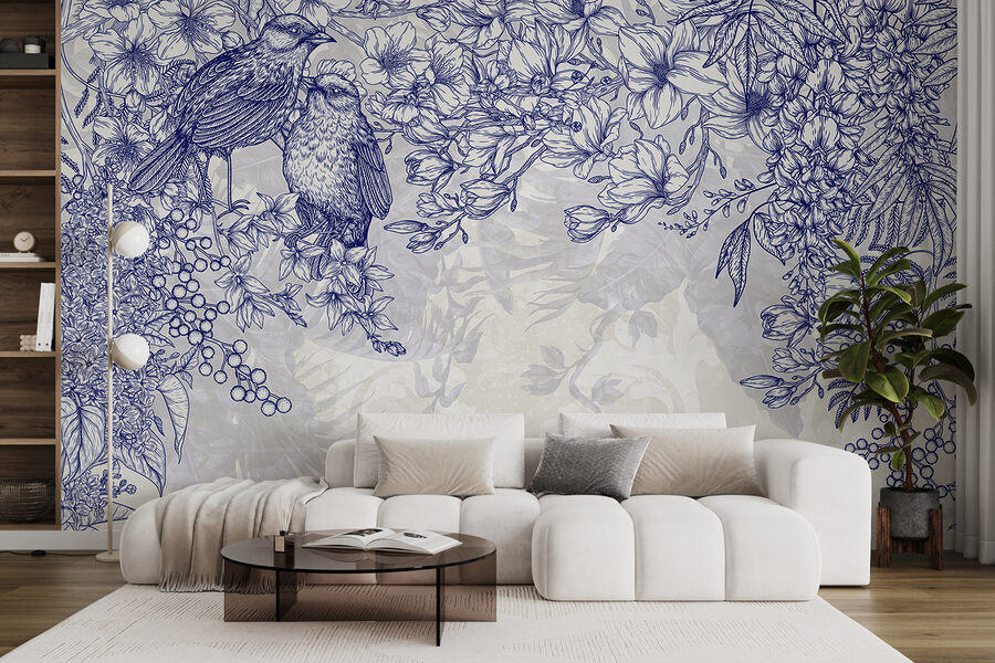 Papel de parede Desenho a azul e branco de pássaros e flores - Image 5