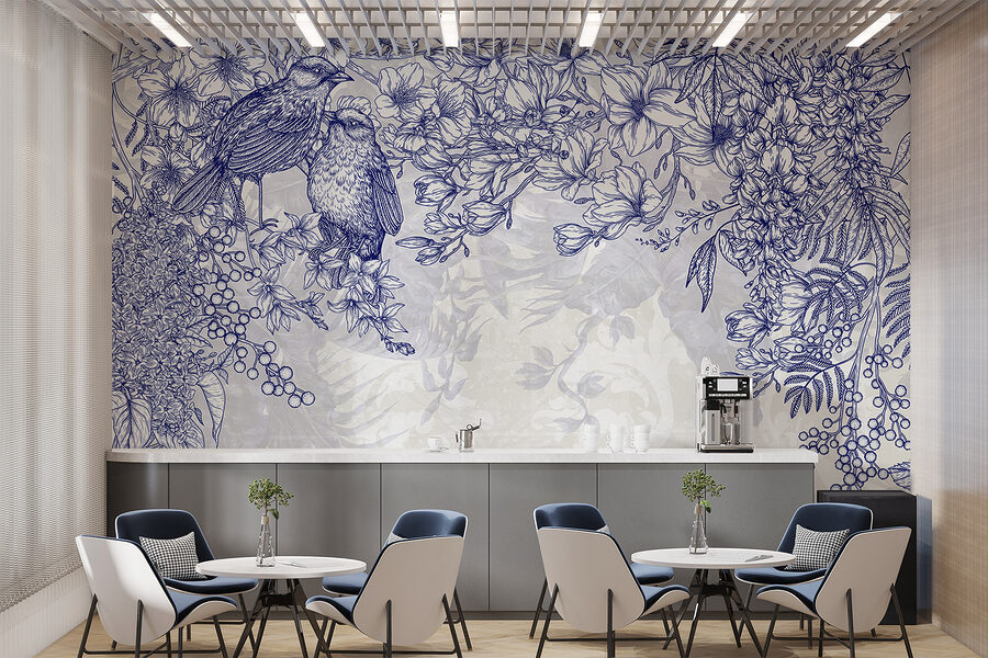 Papel de parede Desenho a azul e branco de pássaros e flores - Image 6