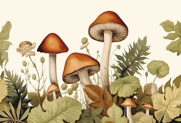 Grupo de cogumelos com folhas Grupo de cogumelos com folhas