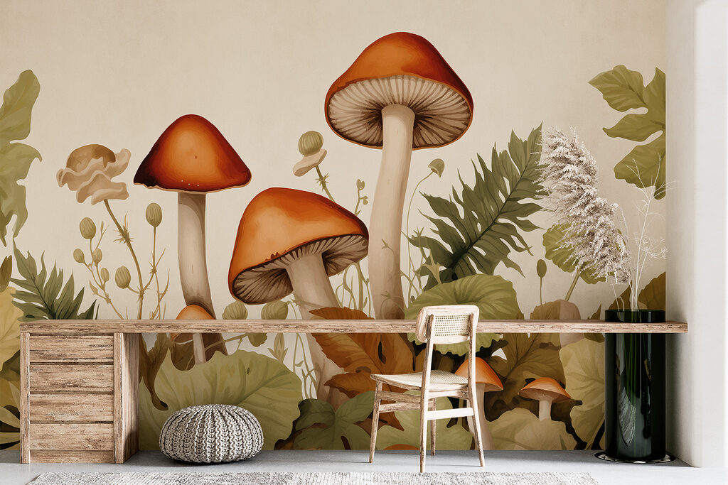 Group of mushrooms with leaves Group of mushrooms with leaves