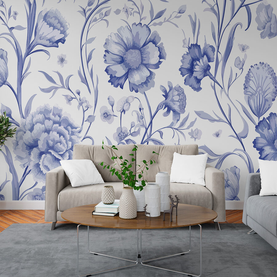 Padrão floral azul e branco