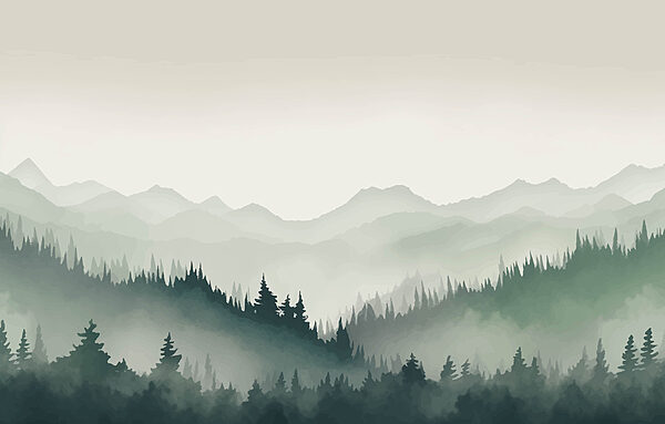 Paisagem de montanha com nevoeiro, árvores e montanhas Paisagem de montanha com nevoeiro, árvores e montanhas