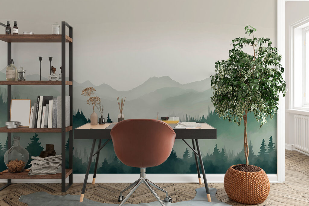 Foggy mountain landscape with trees and mountains Foggy mountain landscape with trees and mountains