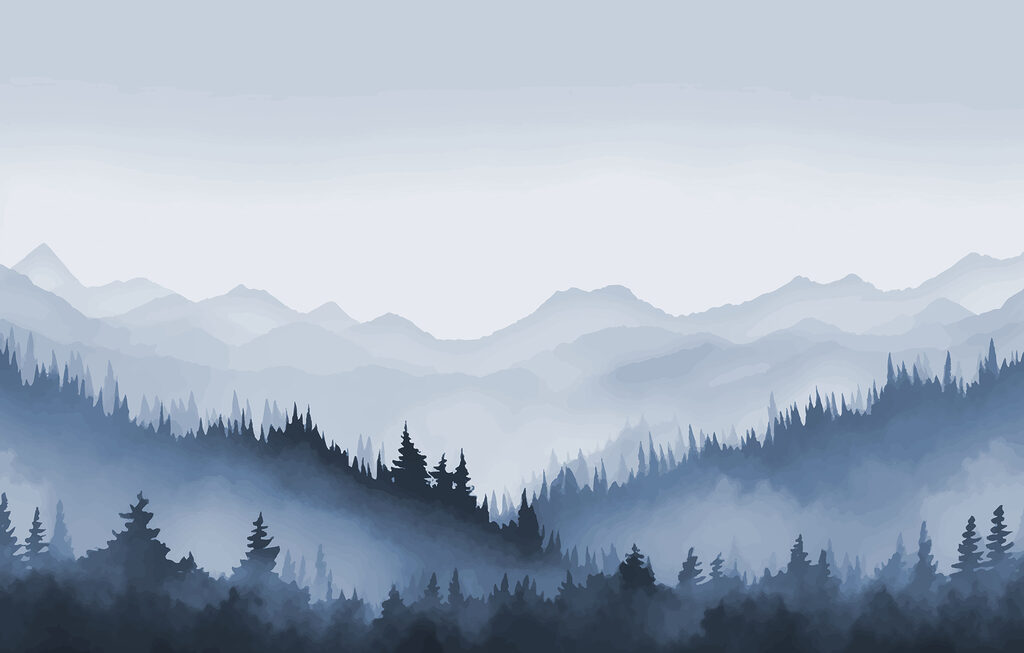 Paisagem de montanha com nevoeiro, árvores e montanhas Paisagem de montanha com nevoeiro, árvores e montanhas