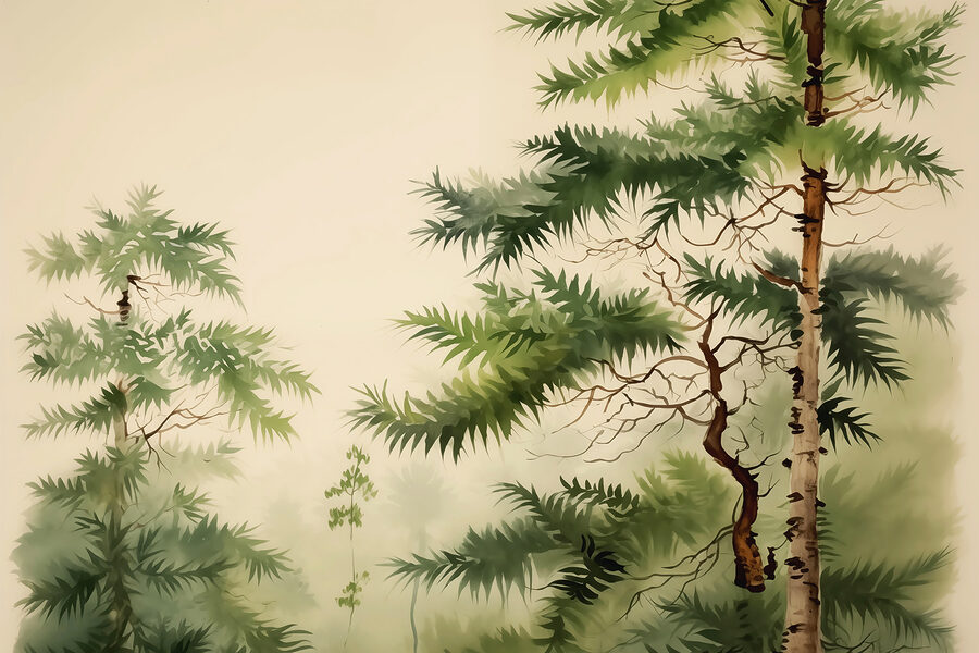 Pintura de árvores e nevoeiro