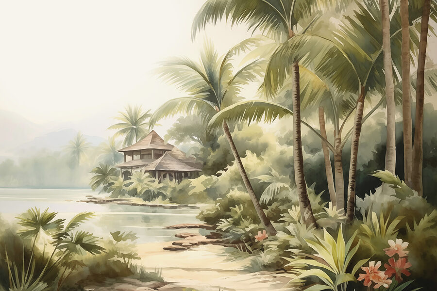 Pintura a aguarela de uma casa e palmeiras