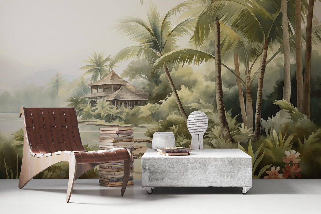 Watercolor painting of a house and palm trees