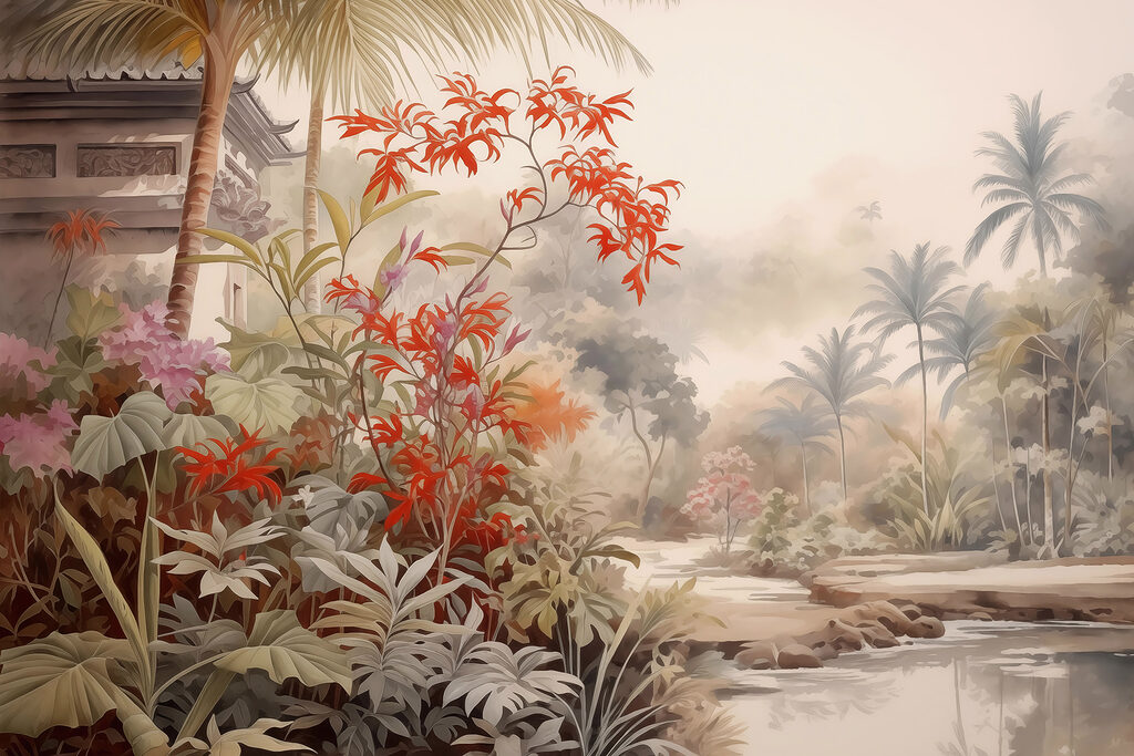 Pintura de um rio e de árvores Pintura de um rio e de árvores