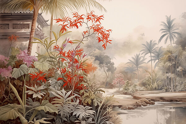 Pintura de um rio e de árvores Pintura de um rio e de árvores