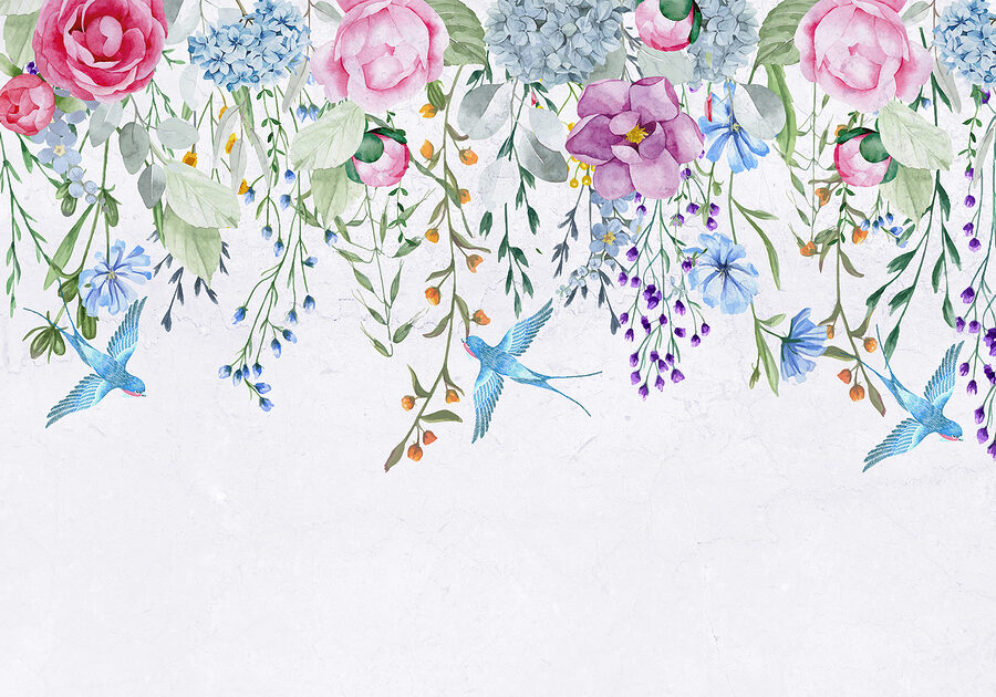 Rebordo floral com flores e pássaros
