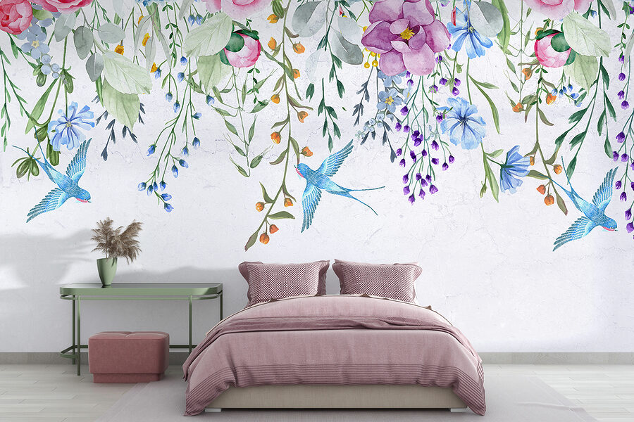 Rebordo floral com flores e pássaros