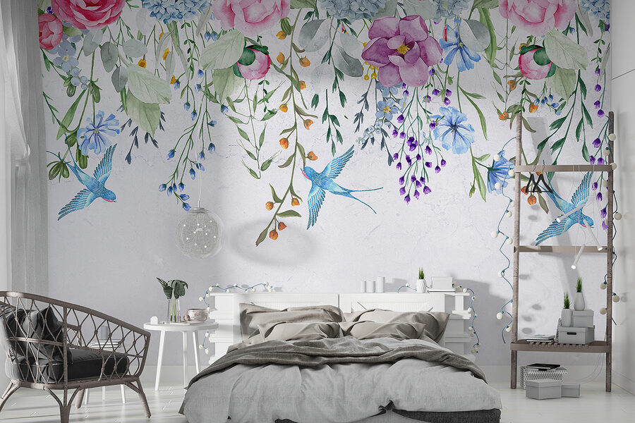 Rebordo floral com flores e pássaros