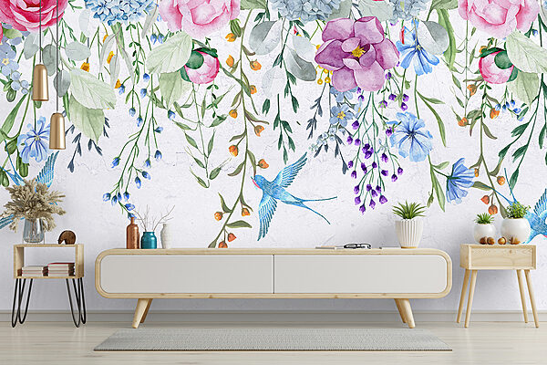 Rebordo floral com flores e pássaros Rebordo floral com flores e pássaros