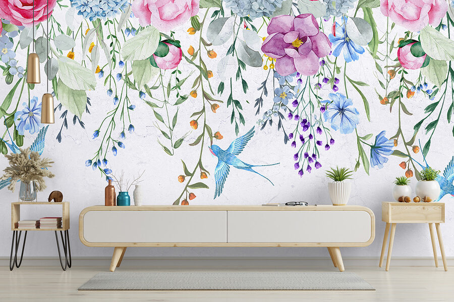 Rebordo floral com flores e pássaros