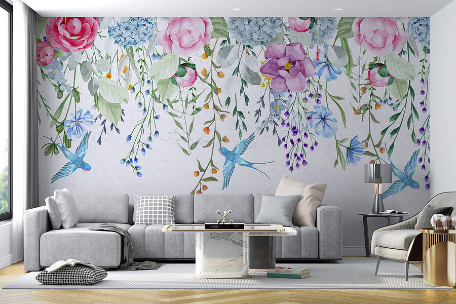 Rebordo floral com flores e pássaros