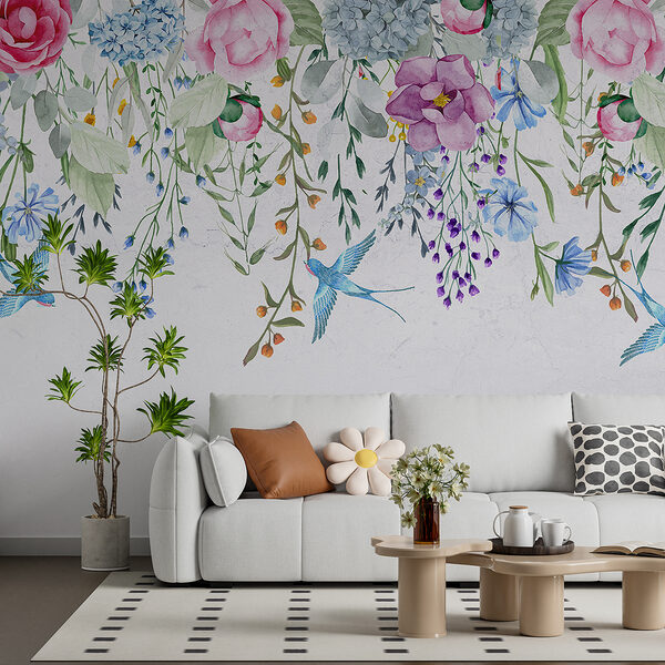 Rebordo floral com flores e pássaros Rebordo floral com flores e pássaros