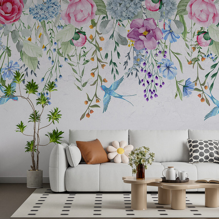 Rebordo floral com flores e pássaros