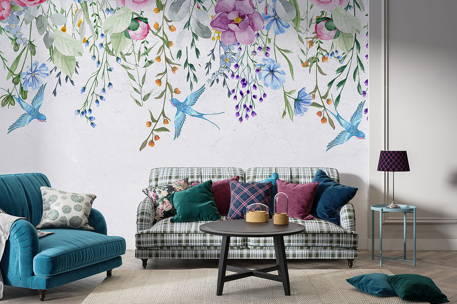 Rebordo floral com flores e pássaros